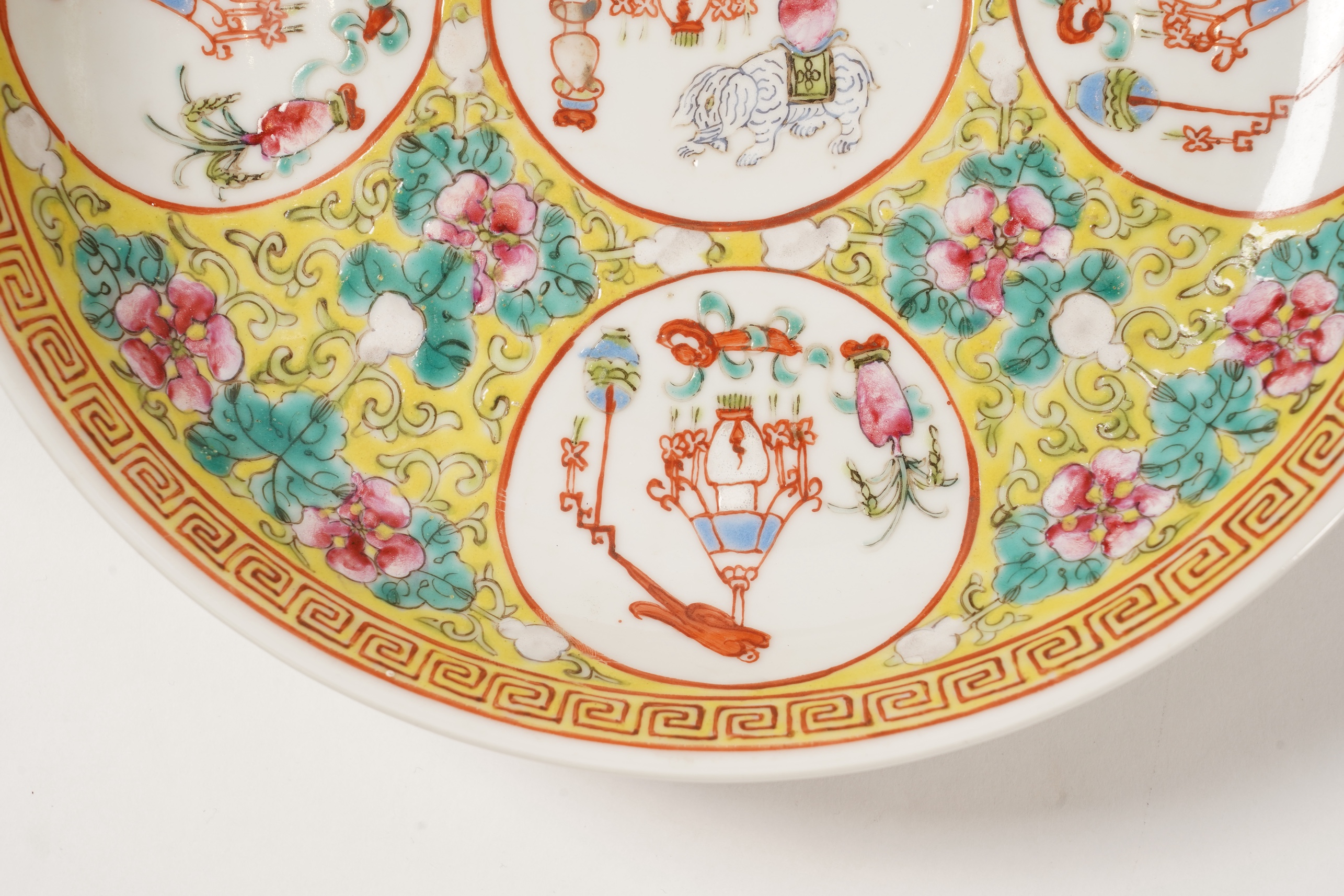 A pair of Chinese yellow ground medallion saucer dishes, Guangxu six character marks, early 20th century